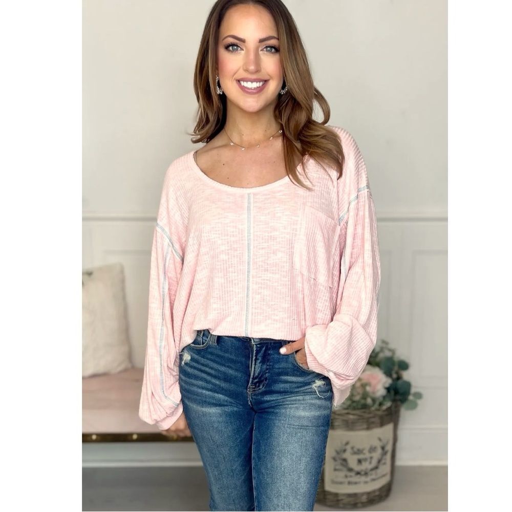 POL Blush Pink Ribbed Oversized Top Exposed Seam Pocket Boho Long Sleeve Med NEW - Picture 6 of 15